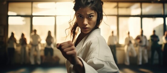 Female practicing Taekwondo at a gym. - obrazy, fototapety, plakaty