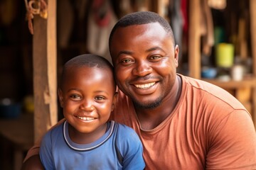 A man and a boy smile for the camera - obrazy, fototapety, plakaty