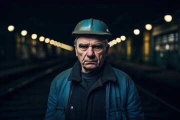 Railway maintenance operator with safety helmet and serious gesture standing in the darkness of a tunnel with lights in the background. Concept of workers and trades. Ai generated