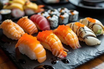 Assorted sushi. Sushi set on slate served with soy. Japanese cuisine.