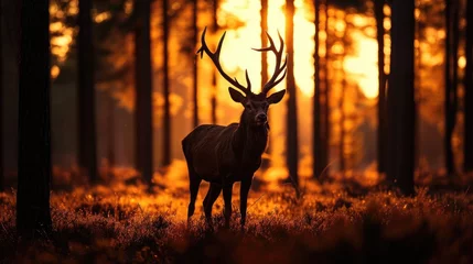Schilderijen op glas Silhouette of a red deer stag in the forest at sunset. © kardaska
