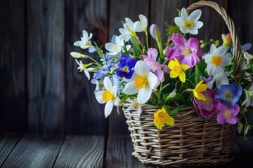 Spring flowers in basket on dark wooden background.