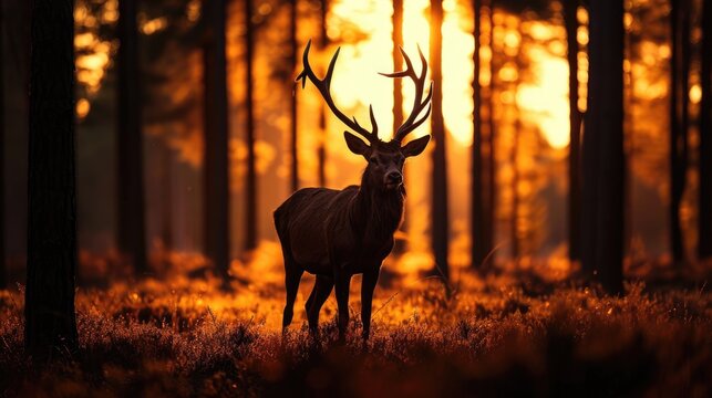 Silhouette of a red deer stag in the forest at sunset.