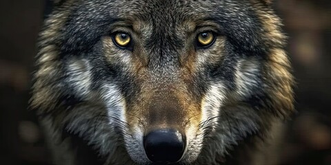 Fototapeta premium Majestic lone wolf. Stunning portrait of wild gray wolf intensely staring into the night perfect for conveying raw power and beauty of predatory creature in natural habitat