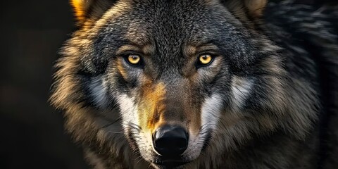 Fototapeta premium Majestic lone wolf. Stunning portrait of wild gray wolf intensely staring into the night perfect for conveying raw power and beauty of predatory creature in natural habitat