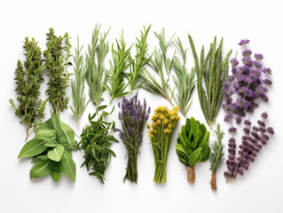 Close-up of various kinds of herbs on white background, vitamin and health concept. Generative AI.