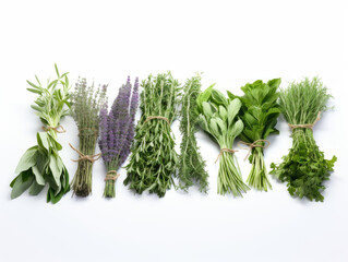 Close-up of various kinds of herbs on white background, vitamin and health concept. Generative AI.