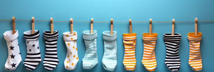 Socks hanging on clothesline on bright background.AI Generative
 - obrazy, fototapety, plakaty