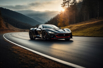 sports car driving fast on the road in the background mountains hills sky