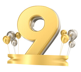 Balloon 9 Number For Anniversary 3D Render With Balloon Gold