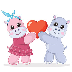 Two cute hippos holding love balloons for valentine's day illustration with white isolation beground