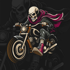 Illustration of a hand drawn tattoo of a skeleton riding a motorcycle