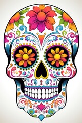 striking sugar skull with flower - obrazy, fototapety, plakaty