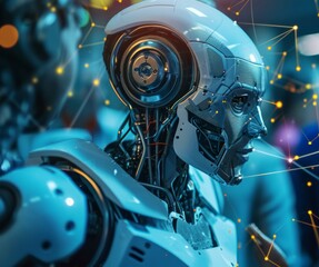 Fototapeta premium AI Cyborg Robot whispering possibilities or opportunities to an individual, sparking curiosity and excitement, convey the thrill of discovering new possibilities through the whispers of AI.