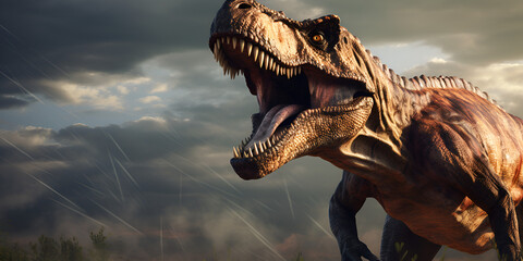 Dinosaur tyrannosaurus rex with powerful jaws open ferocious   - obrazy, fototapety, plakaty