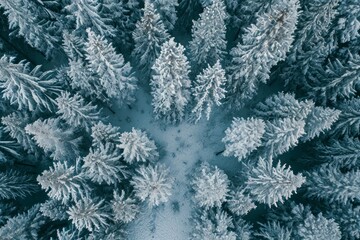 Aerial view on pine trees in forest during white winter, a beautiful, sliver, nature and landscape to explore, good for wallpaper, abstract or texture background purpose...