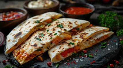 Quesadillas at a rustic pub on a stone. Generative Ai.