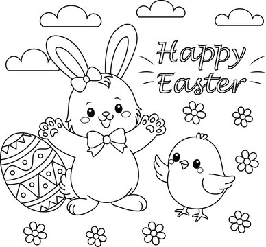 Cute Bunny and Chick saying Happy Easter and waving in greeting coloring page, a black and white vector illustration