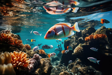 Fototapeta na wymiar Tropic blue red sea reef underwater nature fishes water aquarium wildlife ocean coral
