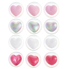 3D rendering different colors of heart in the bubble with three angles on transpaent background