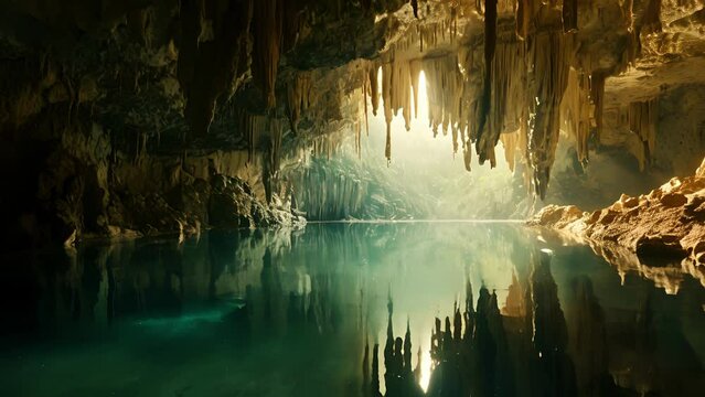 The subterranean lake is a peaceful oasis, its crystal clear waters reflecting the stalactites above. But as the sun sets, a monstrous silhouette emerges from the depths, Fantasy animatio