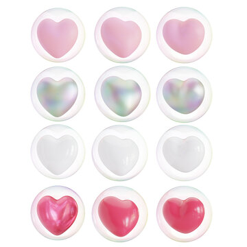 3D rendering different colors of heart in the bubble with three angles on transpaent background