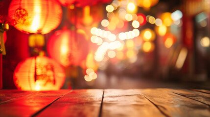 empty table top and blur of room on a blur chinese lantern festival decoration background - obrazy, fototapety, plakaty