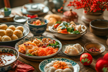 Fototapeta na wymiar A vibrant spread of traditional Chinese dishes