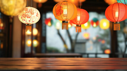 empty table top and blur of room on a blur chinese lantern festival decoration background - obrazy, fototapety, plakaty
