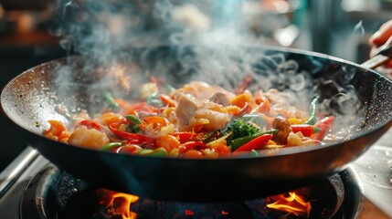 Asianstyle Cooking Produces Steaming Mixed Vegetables In A Wok. Generative Ai.