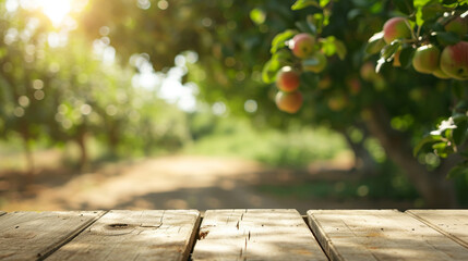 empty oak beige wooden table top and blur of green apple farm garden background. AI Generative