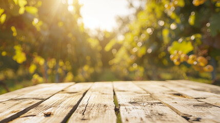 Naklejka na ściany i meble empty oak beige wooden table top and blur of grape farm garden backgroun. AI Generative