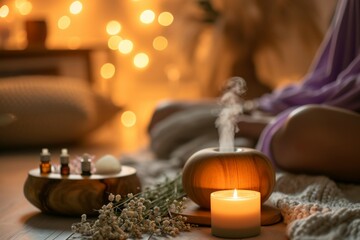 Relaxing Aromatherapy Session: A person enjoying an aromatherapy session with essential oils and diffuser, utilize warm and diffused lighting to create a calming atmosphere.
