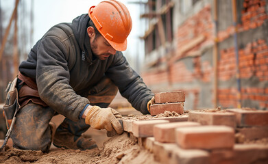 Construction worker laying bricks on a construction site - obrazy, fototapety, plakaty