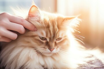 A gentle caress on a fluffy Maine Coon cat in sunlight. - obrazy, fototapety, plakaty