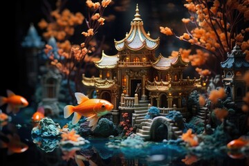 Fototapeta premium Goldfish in a decorative aquarium with a temple-like structure.