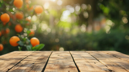 Empty wood table with free space over orange trees, orange field background. For product display montage. AI Generative