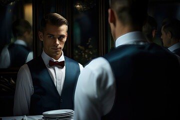 Impeccably groomed waiter in a vest and bow tie, reflected in a mirror - obrazy, fototapety, plakaty