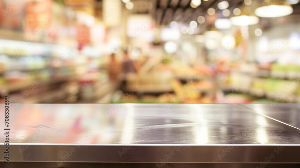 Wall mural empty steel table top and blur of room on a blur super market decoration background. AI Generative