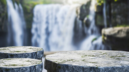 empty abstract stone podium top and blur of waterfall background. Natural Cosmetic Display Product. AI Generative