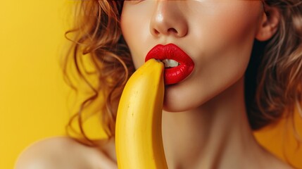 A hot girl munching a banana. Generative Ai. - obrazy, fototapety, plakaty