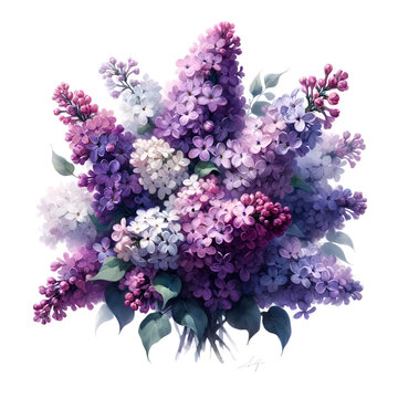 "Vibrant Watercolor Lilac Flower Bouquet, Perfect for Invitations and Romantic Occasions