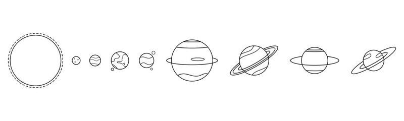 Set black line solar system planet stars outline icon vector design