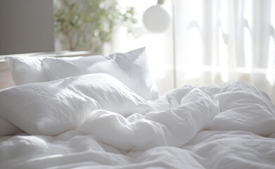 Fototapeta na wymiar Premium white linens made from sustainable organic fabrics. Comfort and quality for restful sleep