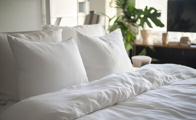 Premium white linens made from sustainable organic fabrics. Comfort and quality for restful sleep
