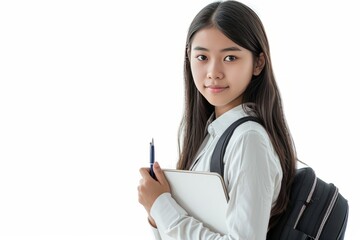 thai girl standing holding pen and book on white background ai generative