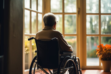 Back view Lonely sad elderly person in wheelchair in home nursing looking out window