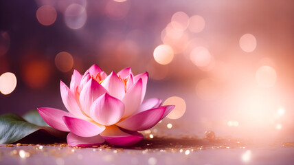 Pink water lily or lotus flower with bokeh background with copyspace. Concept Vesak day Buddhist lent, Buddha birthday - obrazy, fototapety, plakaty