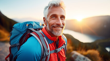 Portrait happy elder man tourists of hiker sporty people walks in mountains at sunset with backpacks. Concept banner adventure with copy space