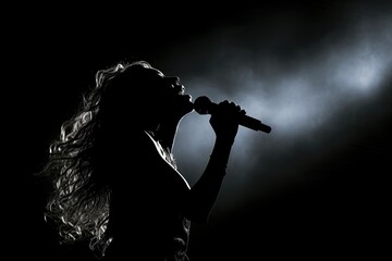 Silhouette of a female singer with flowing hair against a light beam